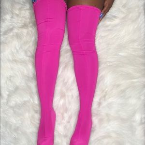 Hot pink, Thigh- high stretch boots